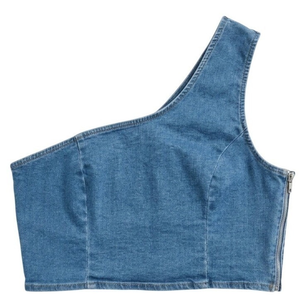LE LIS Denim One Shoulder Bustier Crop Top Blue Medium Wash Small - Picture 2 of 8